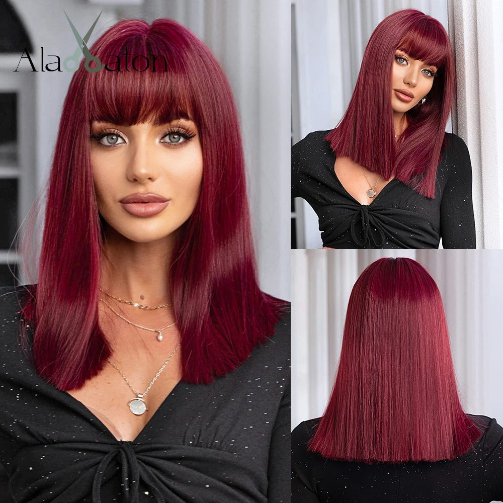 

ALAN EATON Wine Red Synthetic Wigs for Women Medium Length Straight Bob Wig with Bangs Cosplay Natural Fiber Hair Heat Resistant