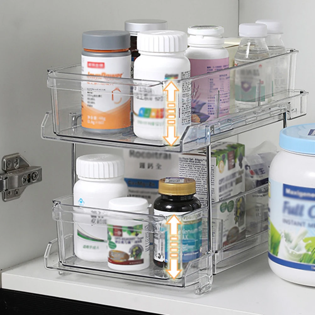 

2 Tier Pull-out Home Organizer with Handles and Dividers Clear Acrylic Stackable Drawer Organizer Tray for Under Sink Office