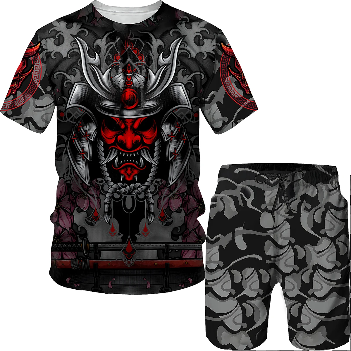 

3D printed men's clothing street wear summer short sleeved top T-shirt shorts 2-piece fashionable men's set Skull sportswear