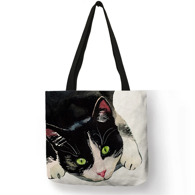 Fabric Foldable Shopping Bags For Groceries Cute Black Cat Print Tote Bag for Women Personality School Traveling Shoulder Bags