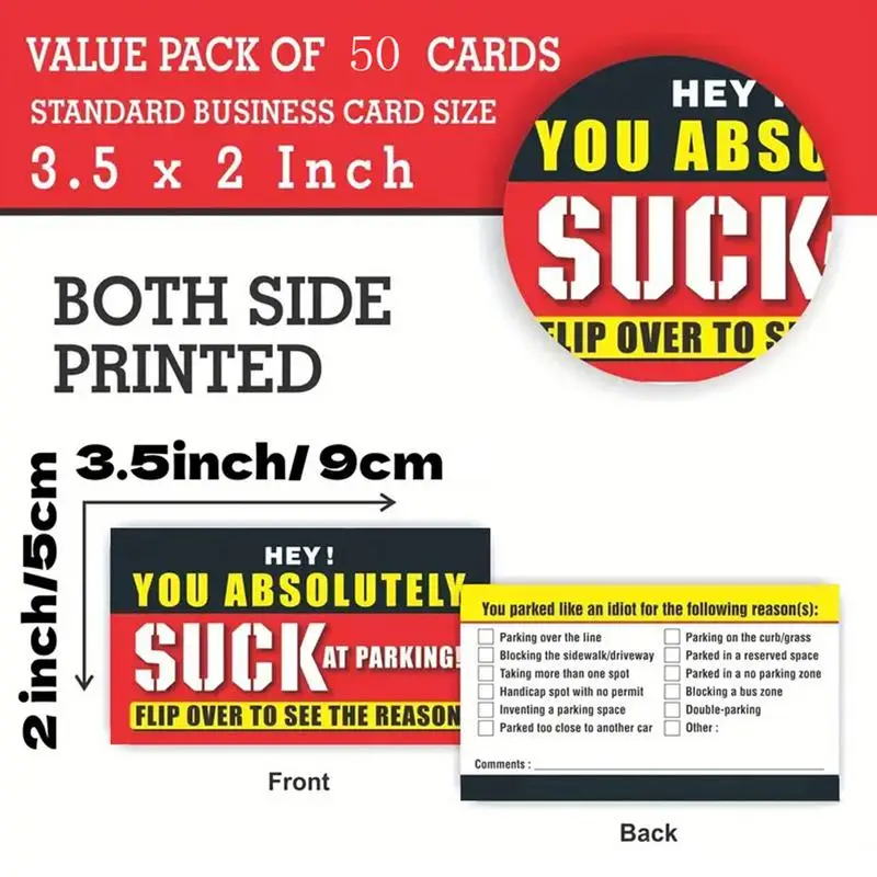 Suck At Parking Cards 2X3.5 Inch Prank Card Funny Labels Hilarious Parking Tickets 50X Multi Reasons Hilarious Violation