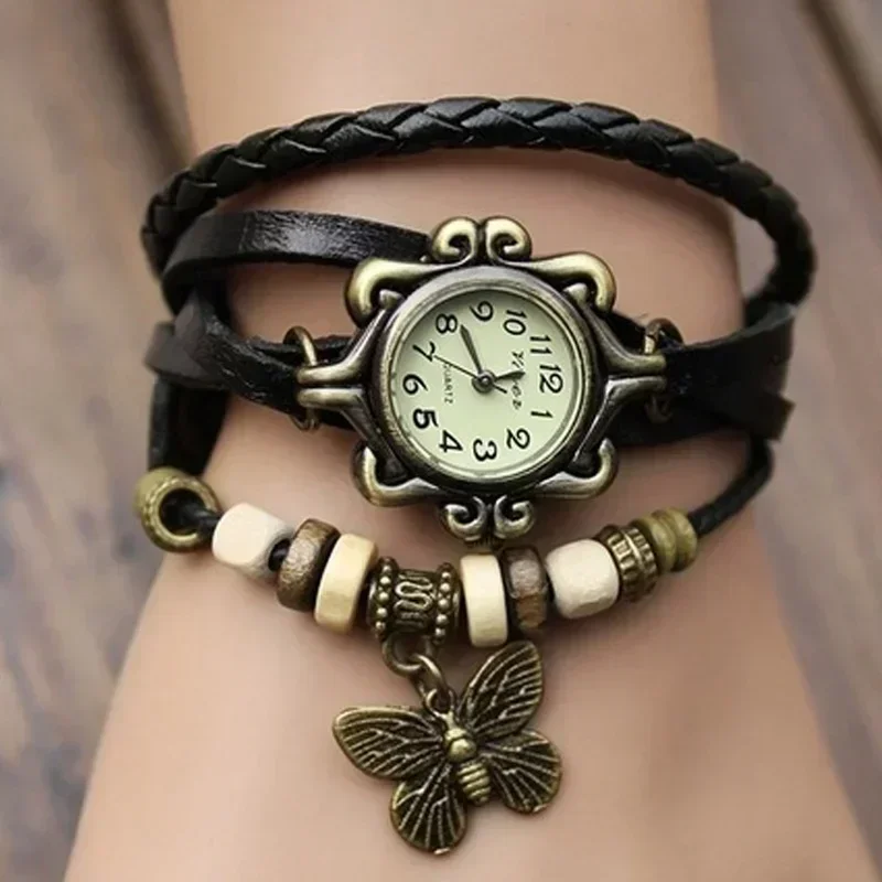 High-quality Bracelet Watch Vintage Hand Woven Leather Watch Fashionable Leather Wrapped Butterfly Pendant Quartz Watch Vintage