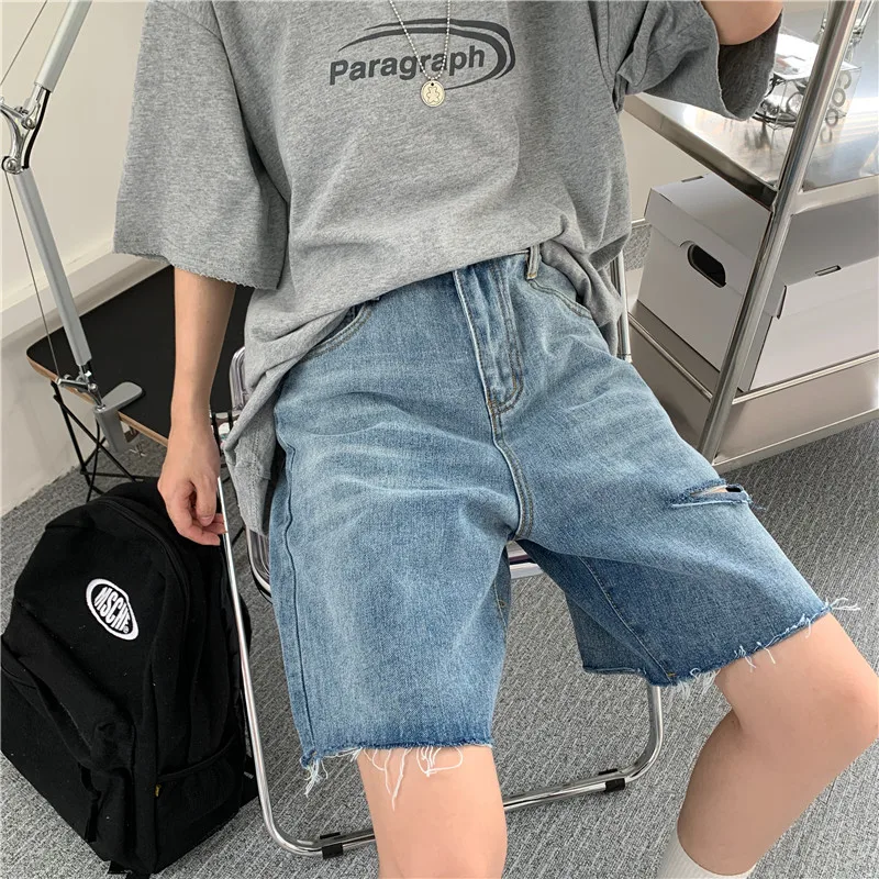 american eagle shorts Summer 2021 New Retro Hole Loose Denim Shorts Women's High Waist Casual Thin Medium Length Five Point Short Pants Girls biker shorts women