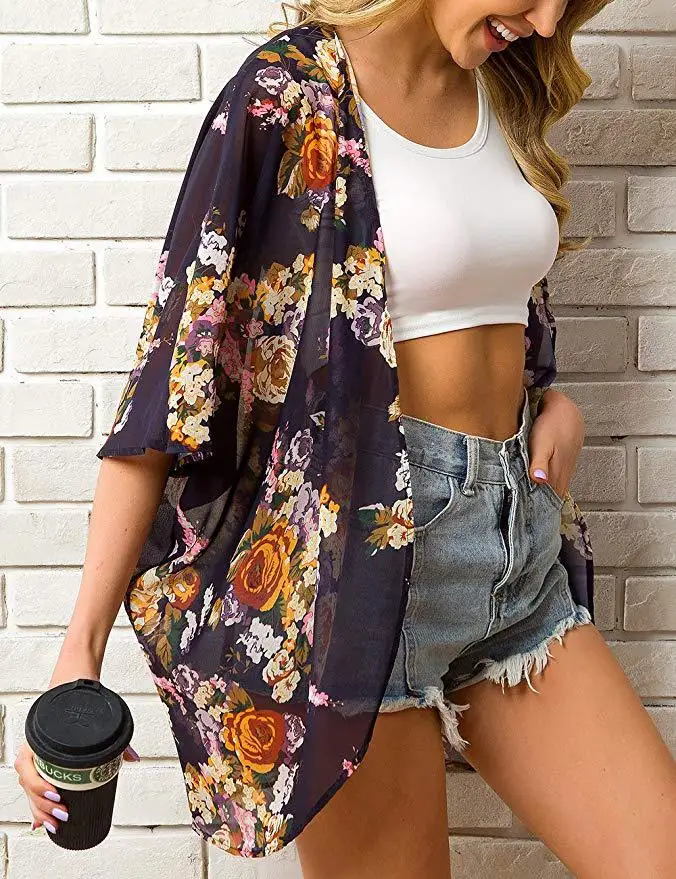 white bikini cover up Summer New Sun Protection Blouse Swimsuit Beach Cover Up Print Short Sleeve Plus Size Women's Cardigan Chiffon Blouse crochet bathing suit cover up