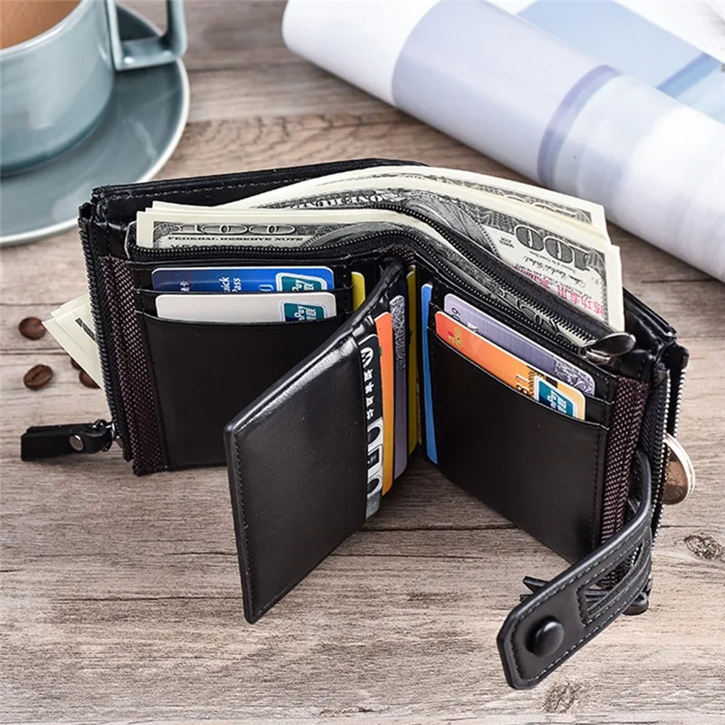 

Men's Leather Wallets Premium Product Cowhide Wallets For Man Short Wallet Credit Business Card Holders Hasp Double Zipper