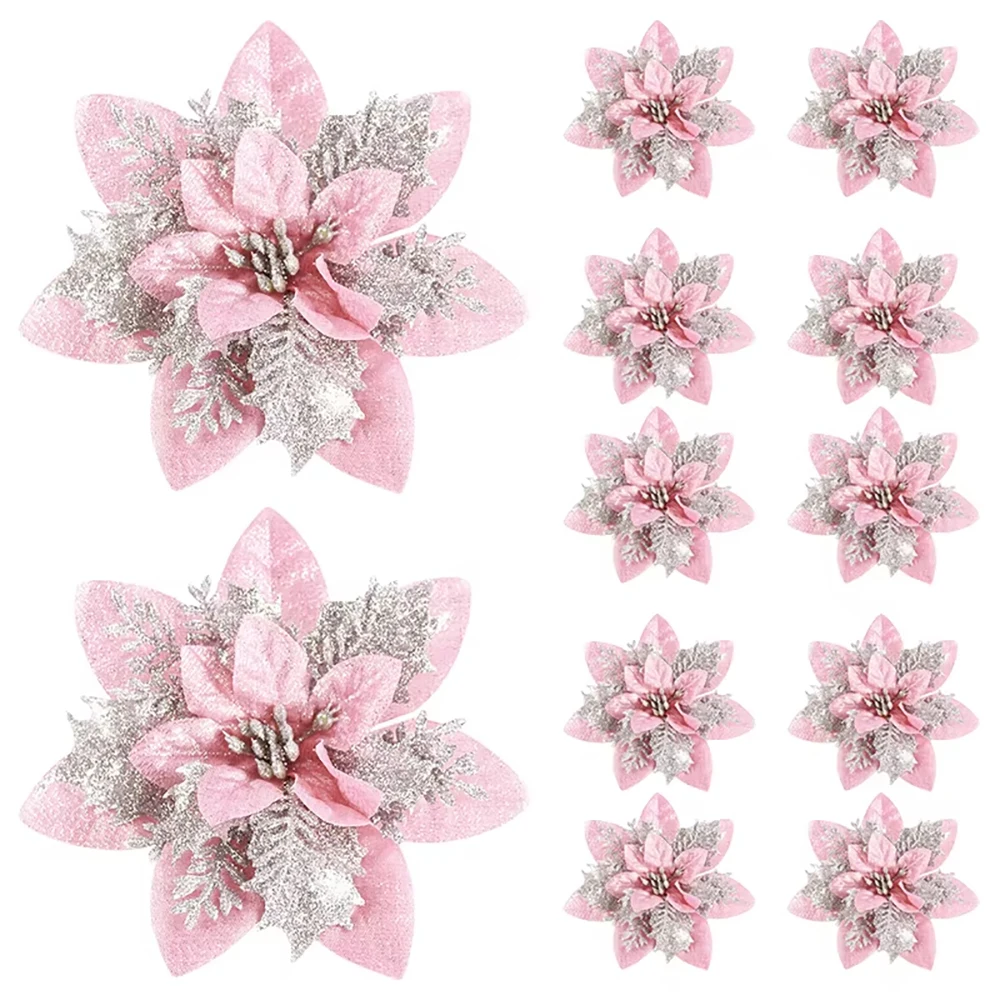 Festive Glitter Artificial Flowers - Christmas Tree Ornaments and Home Decor - Pink, Red, Gold 14.5cm