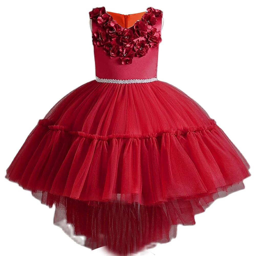 

Toddler Girl Flower Birthday Tulle Dress Backless Bow Wedding Gown Kids Party Princess Christmas Trailing Dresses Baby Vestidos