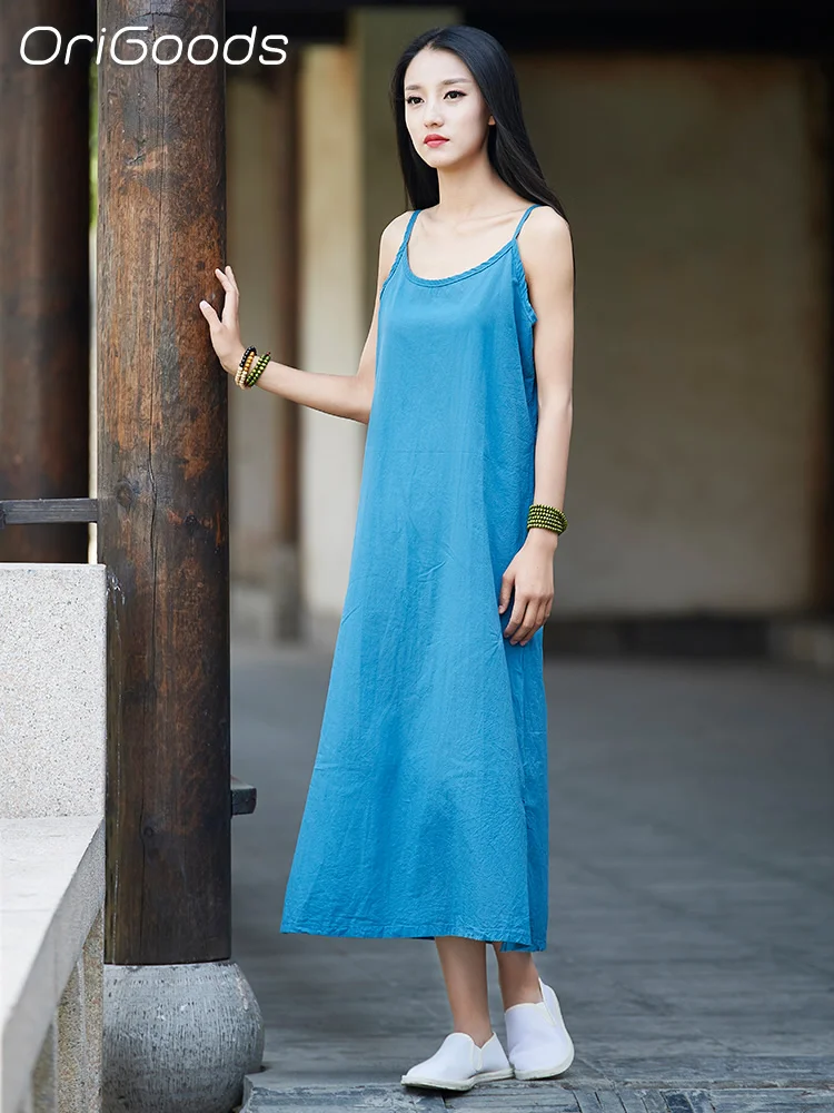 

OriGoods Summer Slip Dress for Women Soft Natural Cotton Fabric Spaghetti Strap Dress Long Camisole Dresses Women Homewear B079