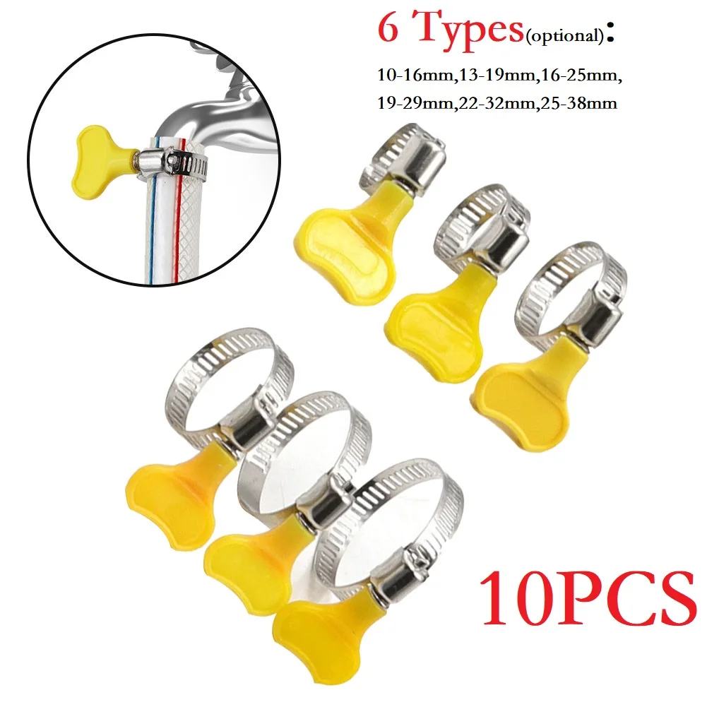10pcs 10-38mm Adjustable Yellow Plastic Handle Hand Hose Clamps Worm Driving 201 Stainless Steel Pipe Clips For Tube