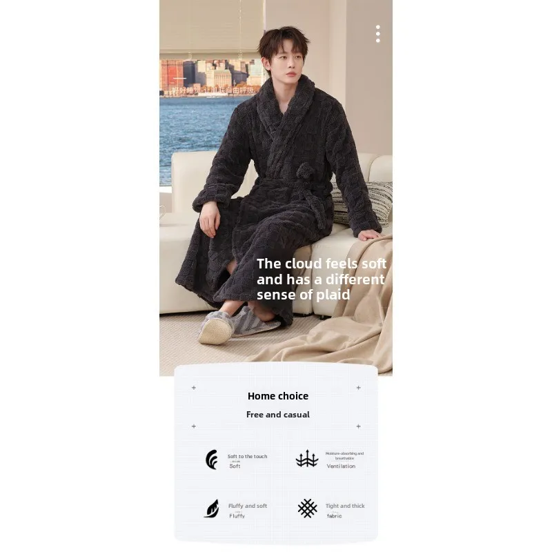 Fall Winter Adult Bathrobe Long Nightgown Winter Coral Velvet Pajamas Extended Thick Morning Gown Flannel Cosy Both Men Women