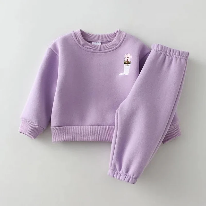 Kids Clothes Set 2Pcs Spring Winter Baby Girl Boy Embroidery Thicken Fleece Warm Sweatshirt Pant Boy Tracksuit Toddler Outfit