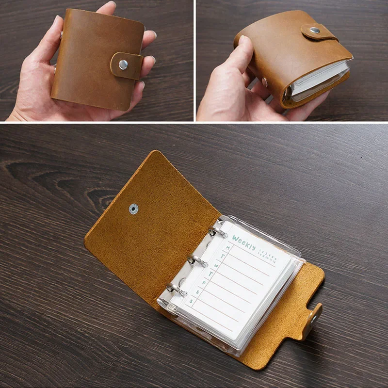 Retro Journal Crazy Horse Leather A9 3 Rings Mini Diary Weekly Planner Loose-leaf Planner Cowhide Notepad Portable Memo Pad 4