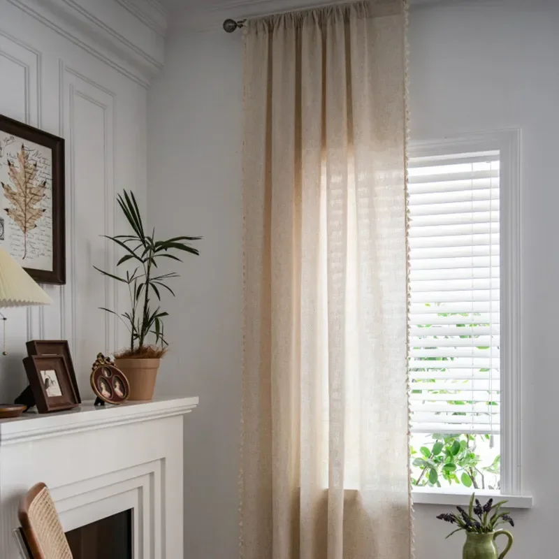 

Полузатемняющие шторы для спальни, однотонные домашние занавески из полиэстера и льна, декоративные шторы на окна в минималистичном стиле с кисточками