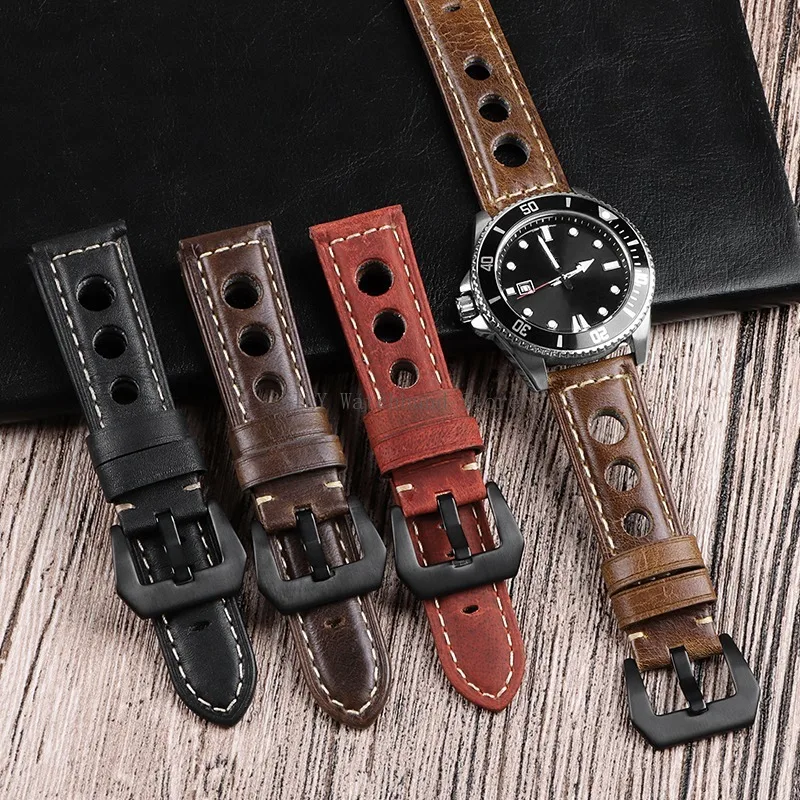 Vintage-Style Breathable Leather Watch Band - Premium Cowhide, Waterproof Wristbelt