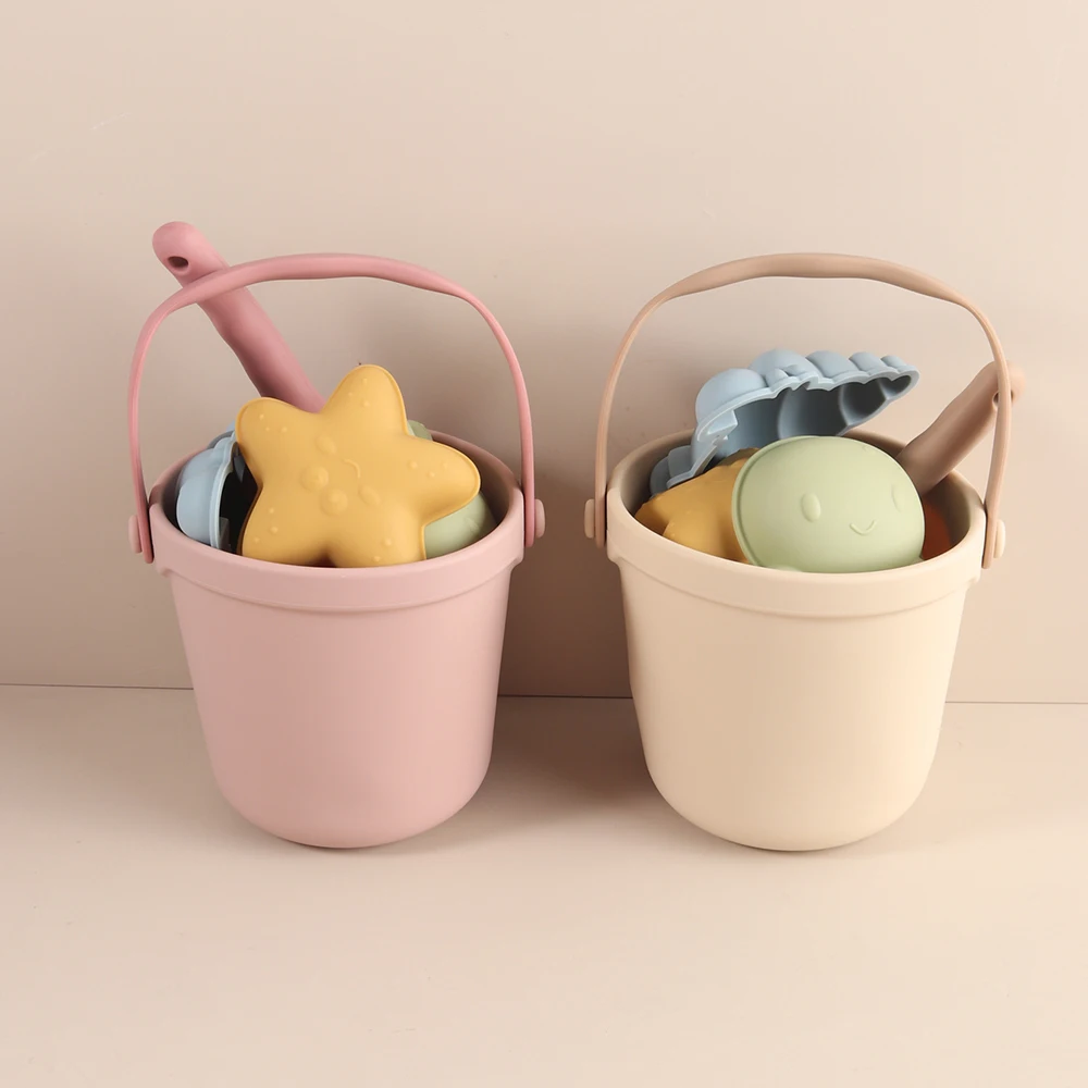 Kids Beach Bucket Set with Silicone Molds (Sea Star, Shell, Crab) Sand Castle Toys for Outdoor & Sensory Play