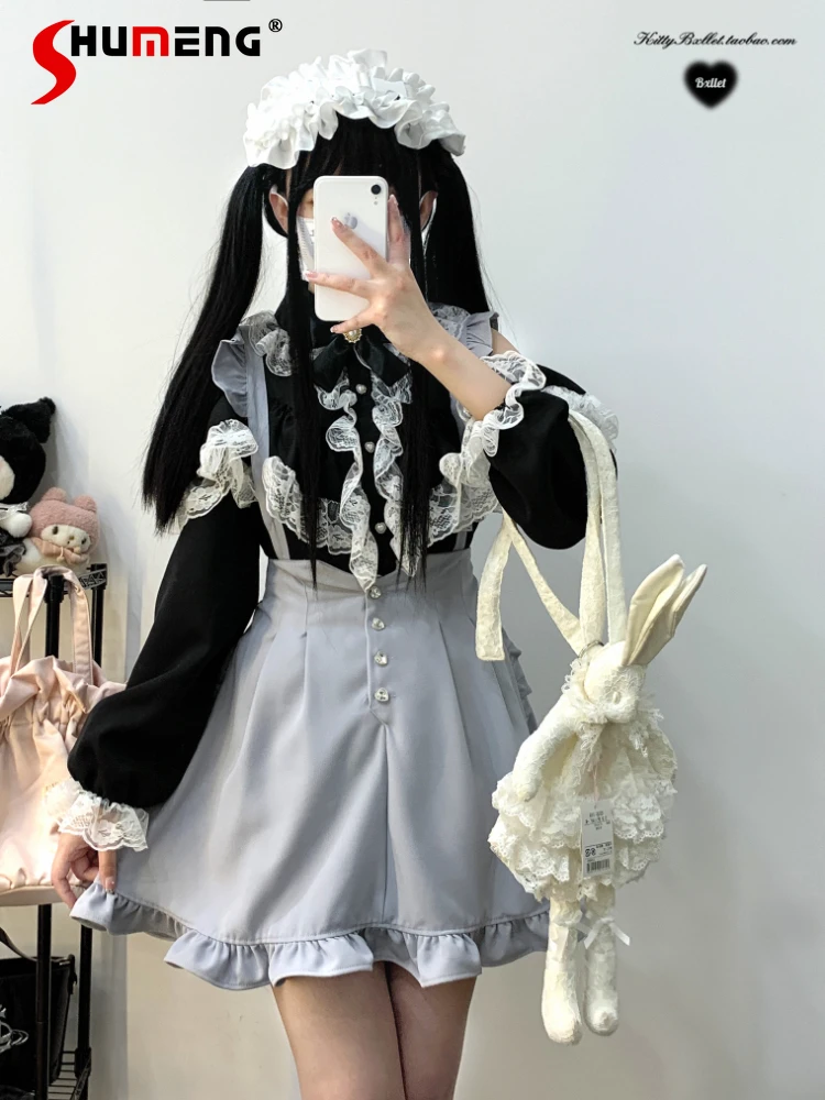 Original Lolita Love Gem Wooden Ear Suspender Skirt 2023 Fall New Japanese Style Sweet Single-Breasted Short Sling Skirts Shorts