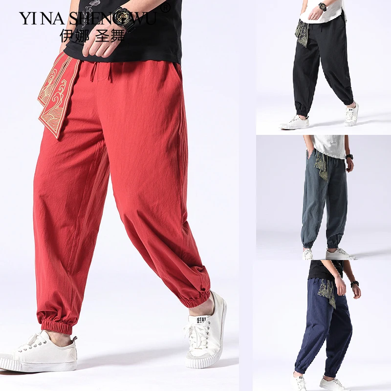 Kimono Men Cotton Linen Japanese Retro Samurai Costume Ukiyo-e Print Belt Harem Pants Mens Hip Hop Harajuku Haori Baggy Trousers