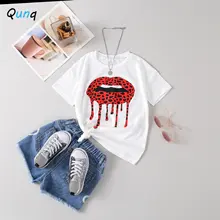 Qunq Spring Summer New Girls O Neck Short Sleeve Print Pullover Top + Denim Shorts 2 Pieces Set Casual Kids Clothes Age 3T-8T