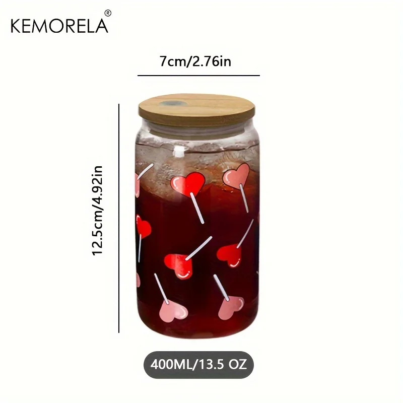 Drinking Glasses Set 1PCS Heart Shape Printed Coke Glass Tumbler With Bamboo Lid Straw Milk Beer Can Romantic Valentine's Day Glass Tumbler Gift