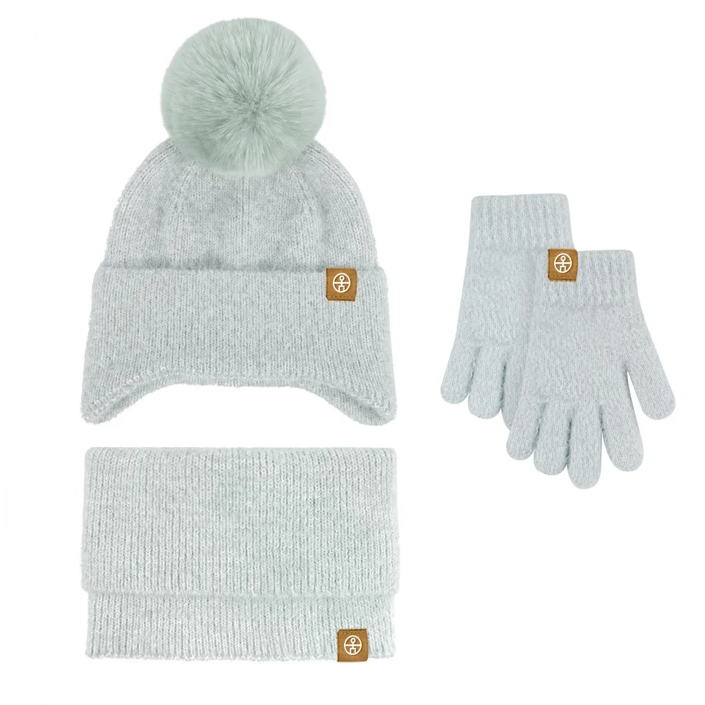 New Winter Children's Hat Neck Warmer Gloves 3pcs Set Winter Infant Knitted Wool Ball Ear Protection Hat Neck Glove 3-piece Set
