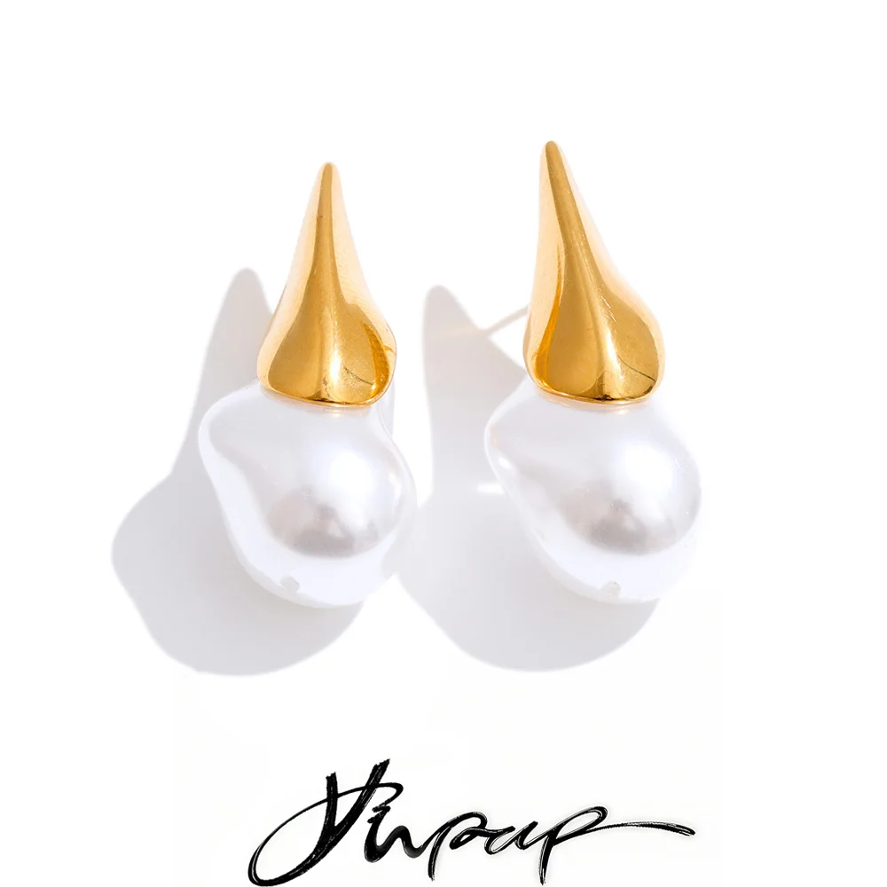 Yhpup Simulated Pearl Earrings 18K Gold Plated Stainless Steel