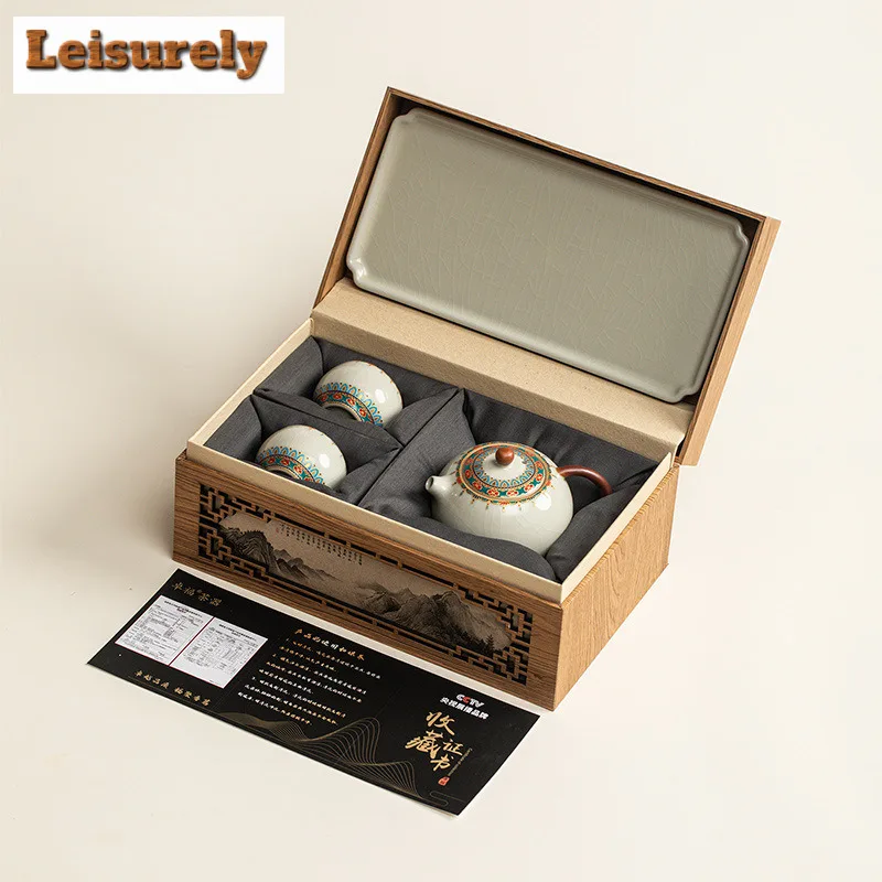 Dunhuang Culture Ru Kiln Tea Set Complete Set Vintage Tea Ceremony Set Teapot And Tea Cup Set Chinese Tea Set Equipment Gift