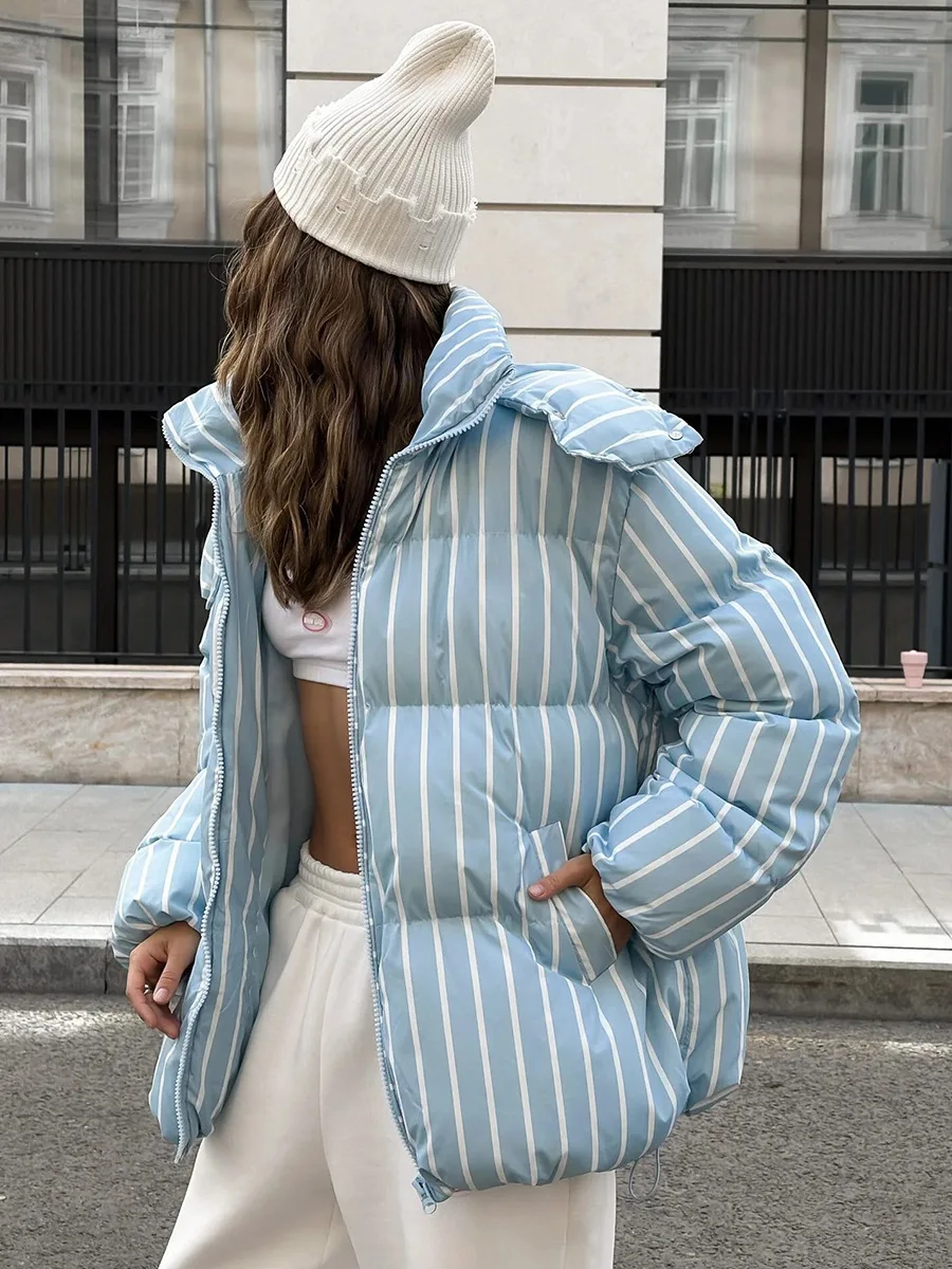Bornladies Women's Winter New Striped Hooded Cotton Jacket Loose Fashion Personality Warm Cotton Coat Jacket Female Parkas