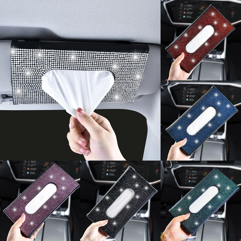 

Car Sun Visor Tissue Box Holder Bling Crystals Cover Case Clip PU Leather Backseat Tissue Case Auto Accessories for Women