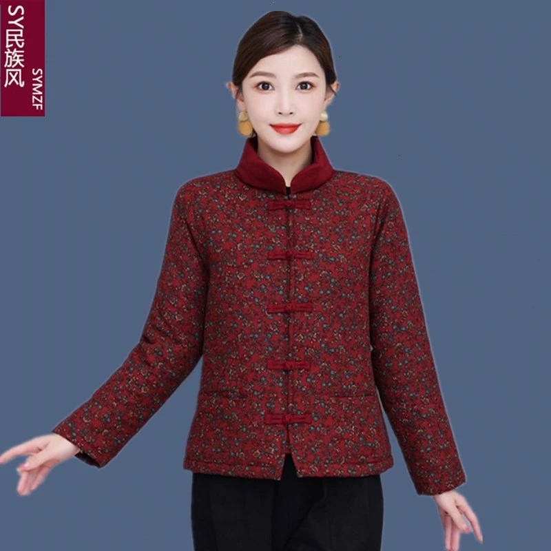 

Хлопковое пальто с винтажным принтом в китайском стиле, новинка, короткая куртка в этническом стиле, женский теплый топ на осень и зиму