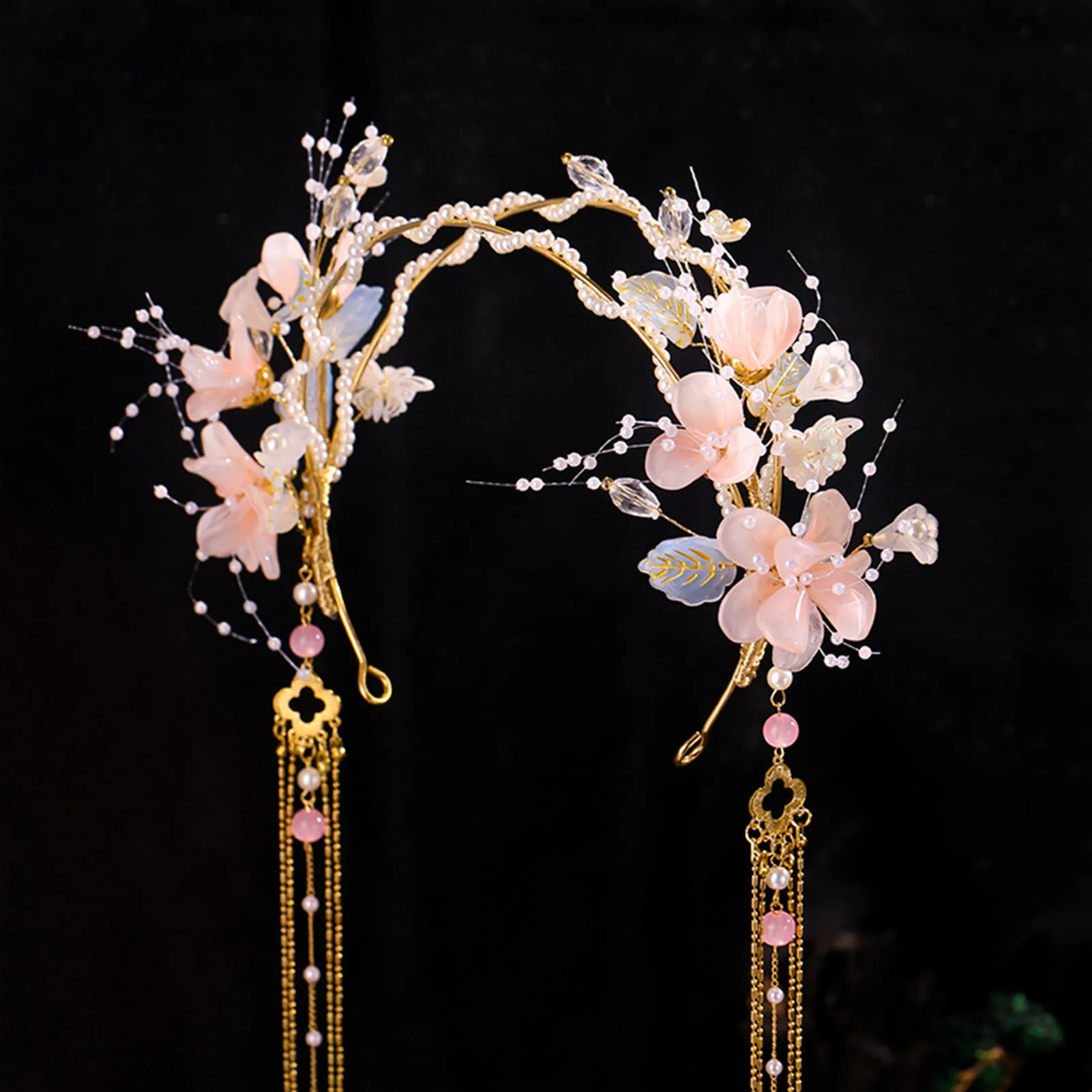Rosa Blumen Haarband Chinesische Hanfu Haarschmuck Lange Quaste Tiaras Stirnband Fee Stirn Haarschmuck Vintage Perlenkrone