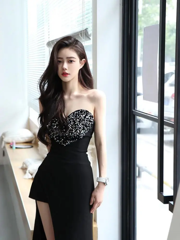 

Sexy Cocktail Dresses Mermaid Black Sweetheart Sequins Pleated Side Split Sleeveless Boat Neck Evening Ceremony Host Prom Gowns
