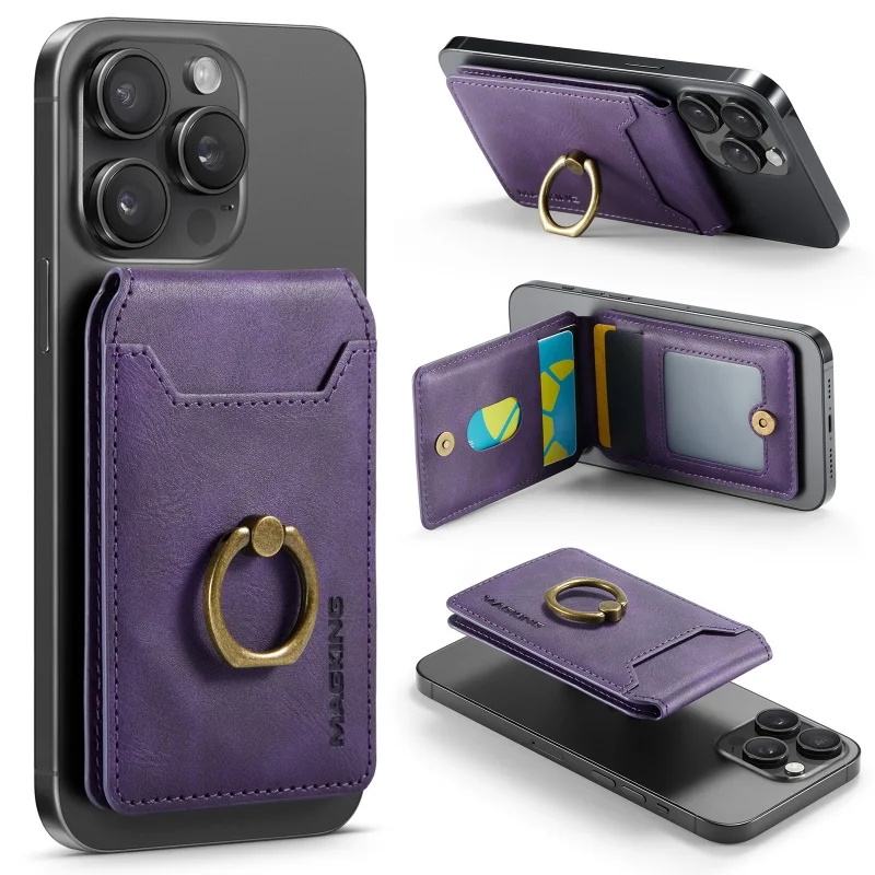 Magnetic Leather Wallet Card Holder with Ring Grip