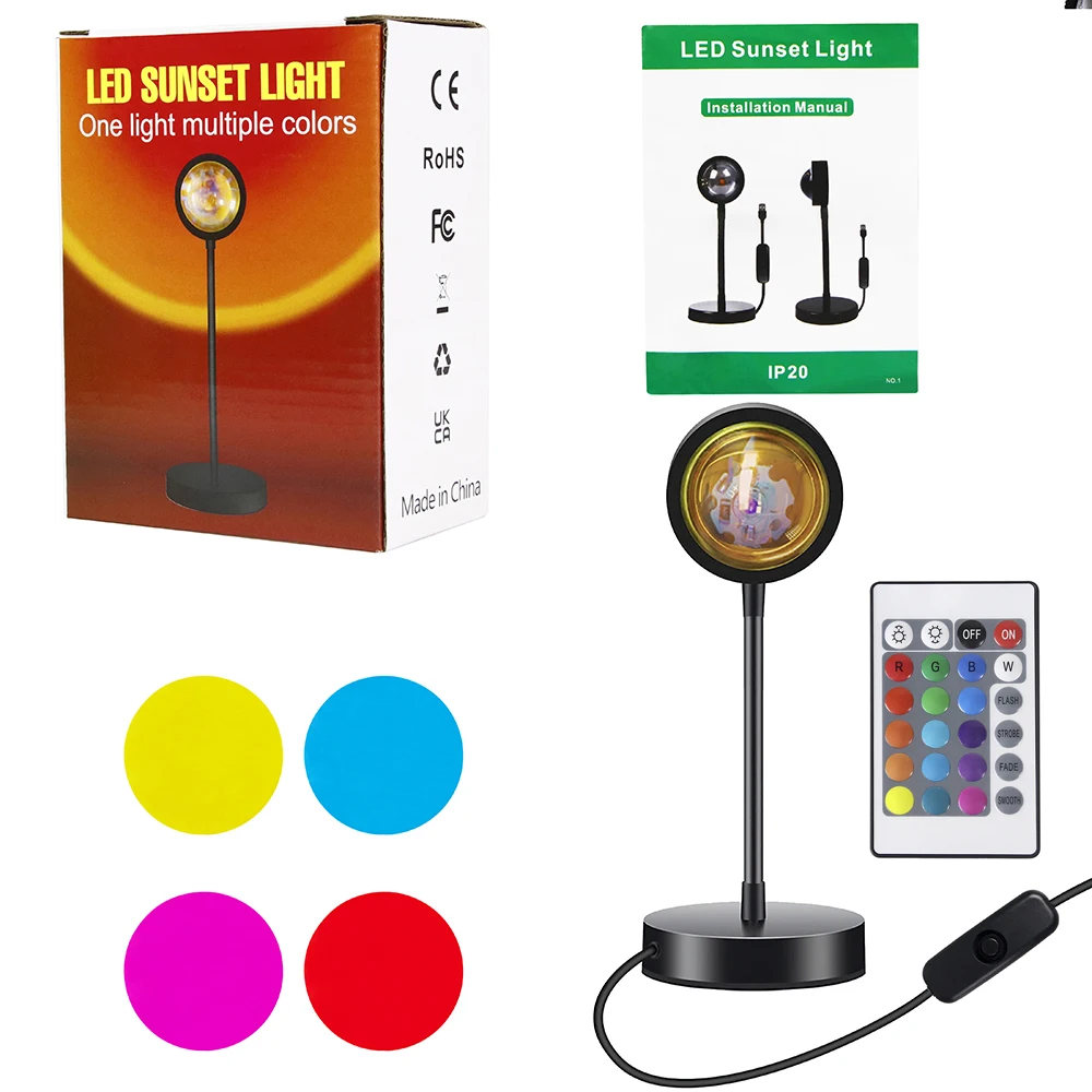 RGB Sunset Lamp Rainbow Projector 360° Rotation Sunlight Remote Control 4 in 1 Self-Media Light Background Atmosphere Room Decor nite light