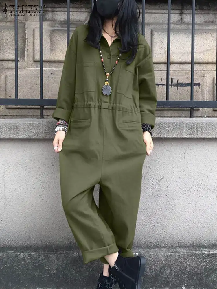 

ZANZEA Fashion Cargo Jumpsuits Women Autumn Rompers Spring Lapel Neck Long Sleeve Playsuits Casual Drop-Crotch Pants Oversize