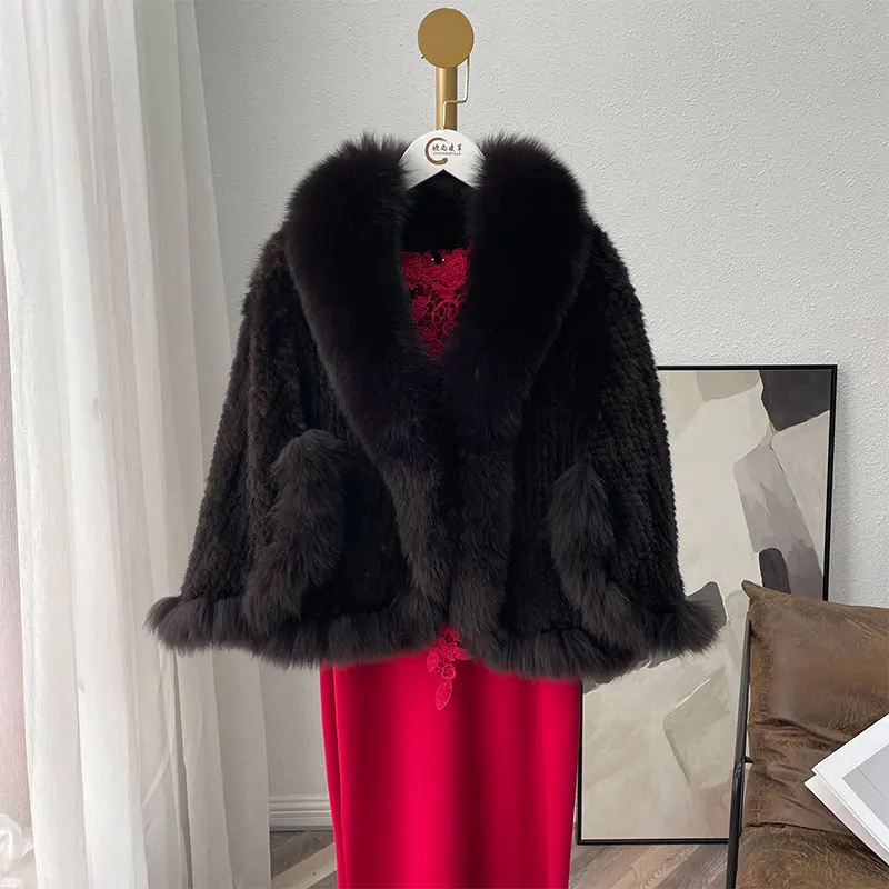 

Fur Lover Women Real Mink Fur Poncho Knitted 100% Natural Real Mink Fur Shawl With Fox Fur Collar Pashmina Elagem Thermal Shawl