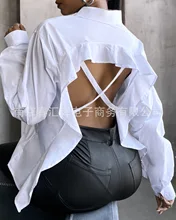 

White Sexy Backless Long Sleeved Women Casual Shirt 2022 Spring Summer Fashion Temperament Turn-down Collar Women's Blouse