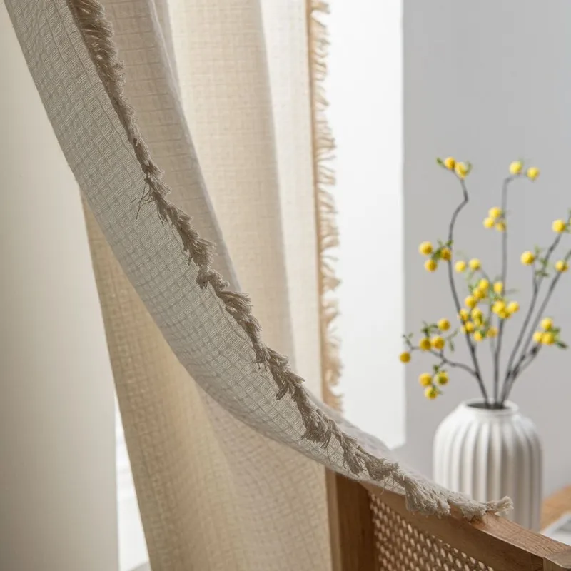 American Solid Color Waffle Curtain with Tassel Window Curtain Semi-shading Drapes for Living Room Bedroom Kitchen Door Drapes 6