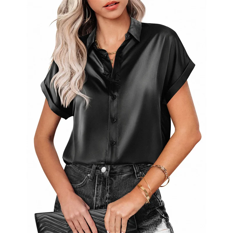 Women's Solid Color Satin Single-breasted Cardigan Shirt Summer Short Sleeve Lapel Neck Blouse Female Loose Trend Street Tops 23