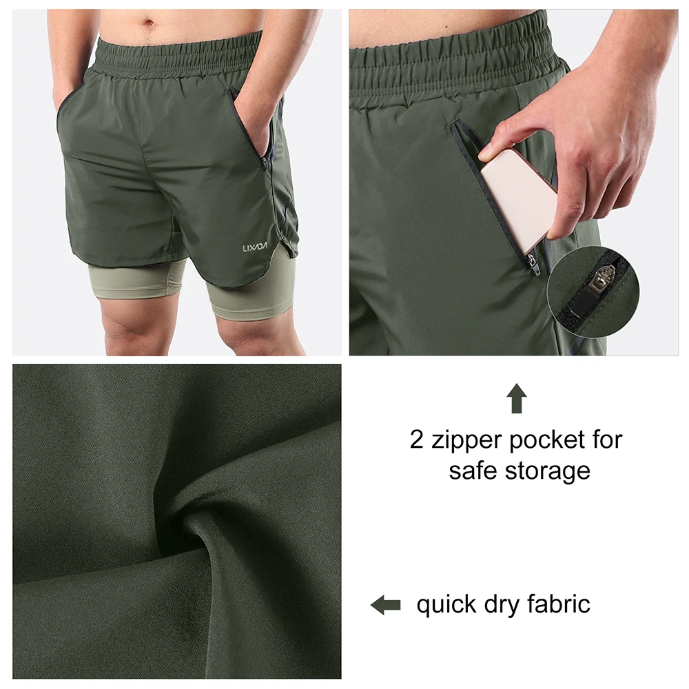 Lixada Men 2 in 1 Running Shorts Quick Drying Breathable Active Training Exercise Jogging Cycling Shorts 6