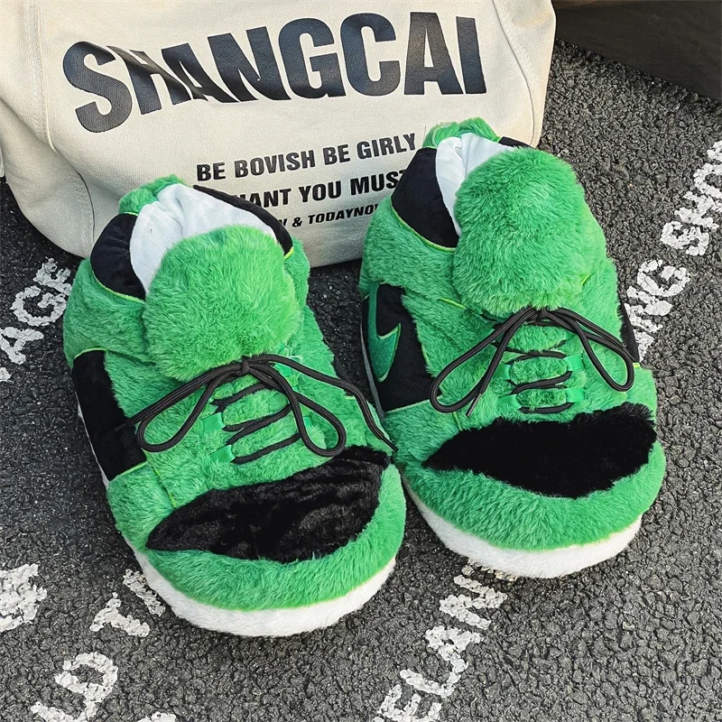 

Men's Winter Cotton Slippers Warm Stripe Plush Cotton Shoes Soft Sole Furry Couple Indoor Home Slides Faux Fur Solid House Shoes