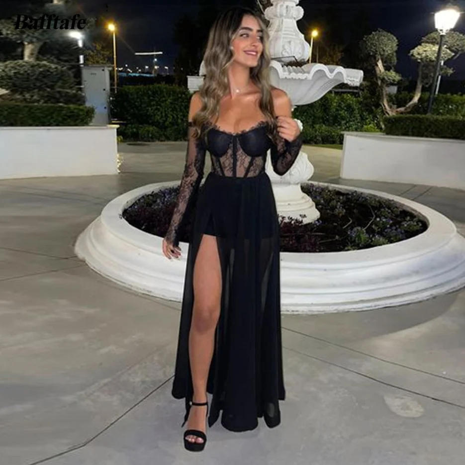

Modern Black Prom Dresses Lace Long Sleeves Strapless Bones Leg Slit Chiffon Evening Dress Beach Party Gowns New For Woman 2023