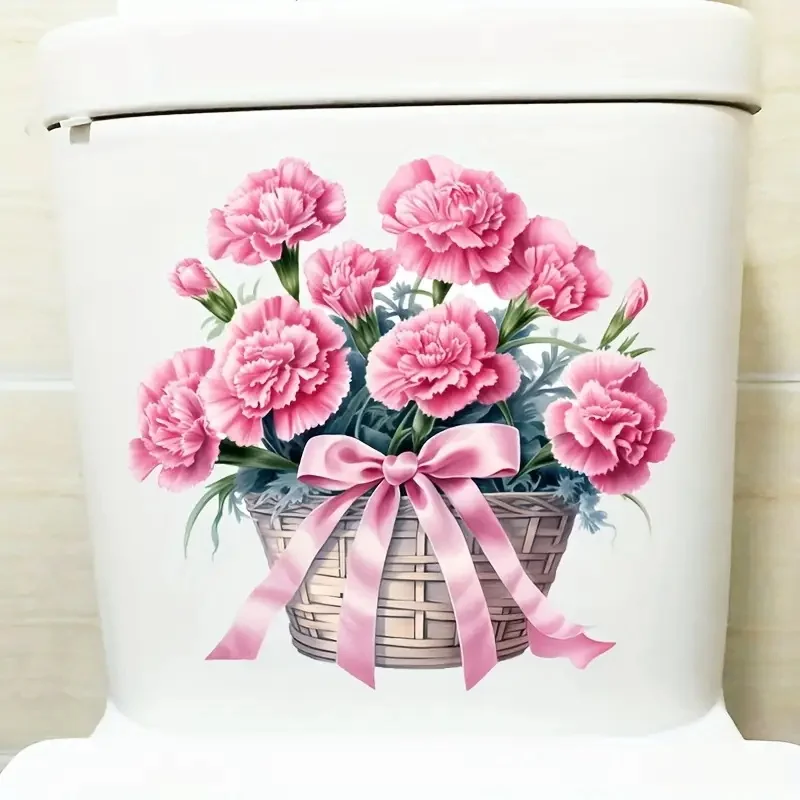 Vinyl Stickers Toilet Stickers Toilet Wall Stickers Pink Flower Basket Toilet Stickers Decoration Living Room Bedroom Home Decor Flowers Wall Decals Self-Adhesive