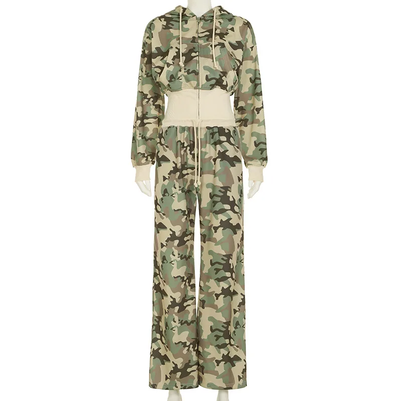 Camouflage Print Loose Casual 2 Piece Set Women Tracksuits Full Sleeve Zipper Hooded Sweatshirts Top + Wide Leg Pants Suits 3