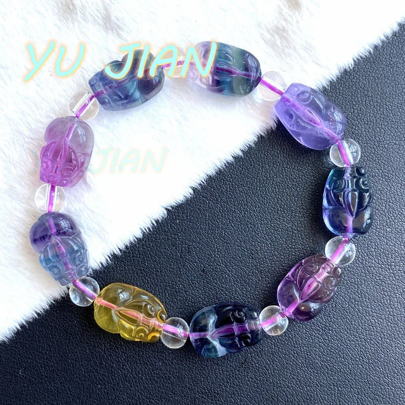 Lucky Full Color Fluorite Pixiu Bracciale Ice Trasparente Multicolor Cristallo Naturale Intagliato Pichu Singolo Anello Handring Jewelry