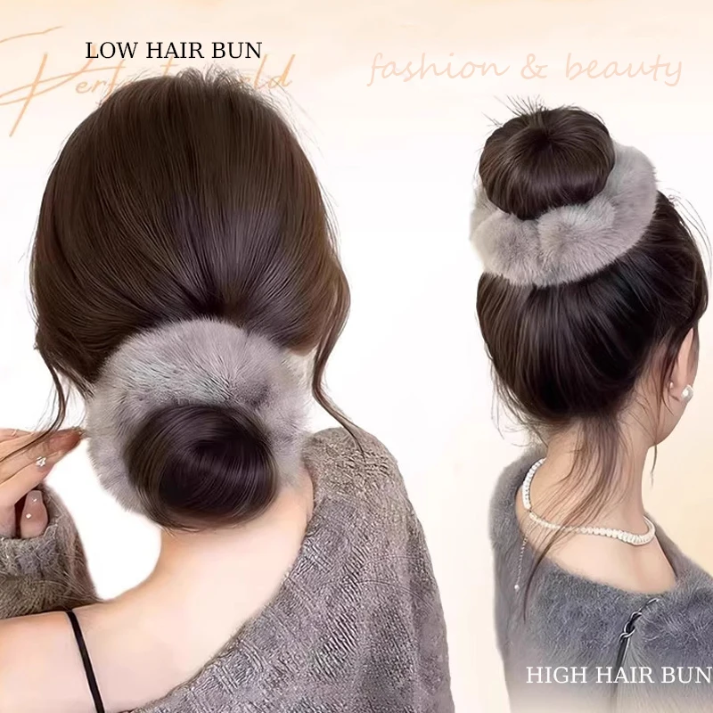 Synthetic Hair Bun Extensions Wig Claw Clip Hair Bun with Grey Plush Hair Band Updo Hair with Clip for Women Daily Winter Use