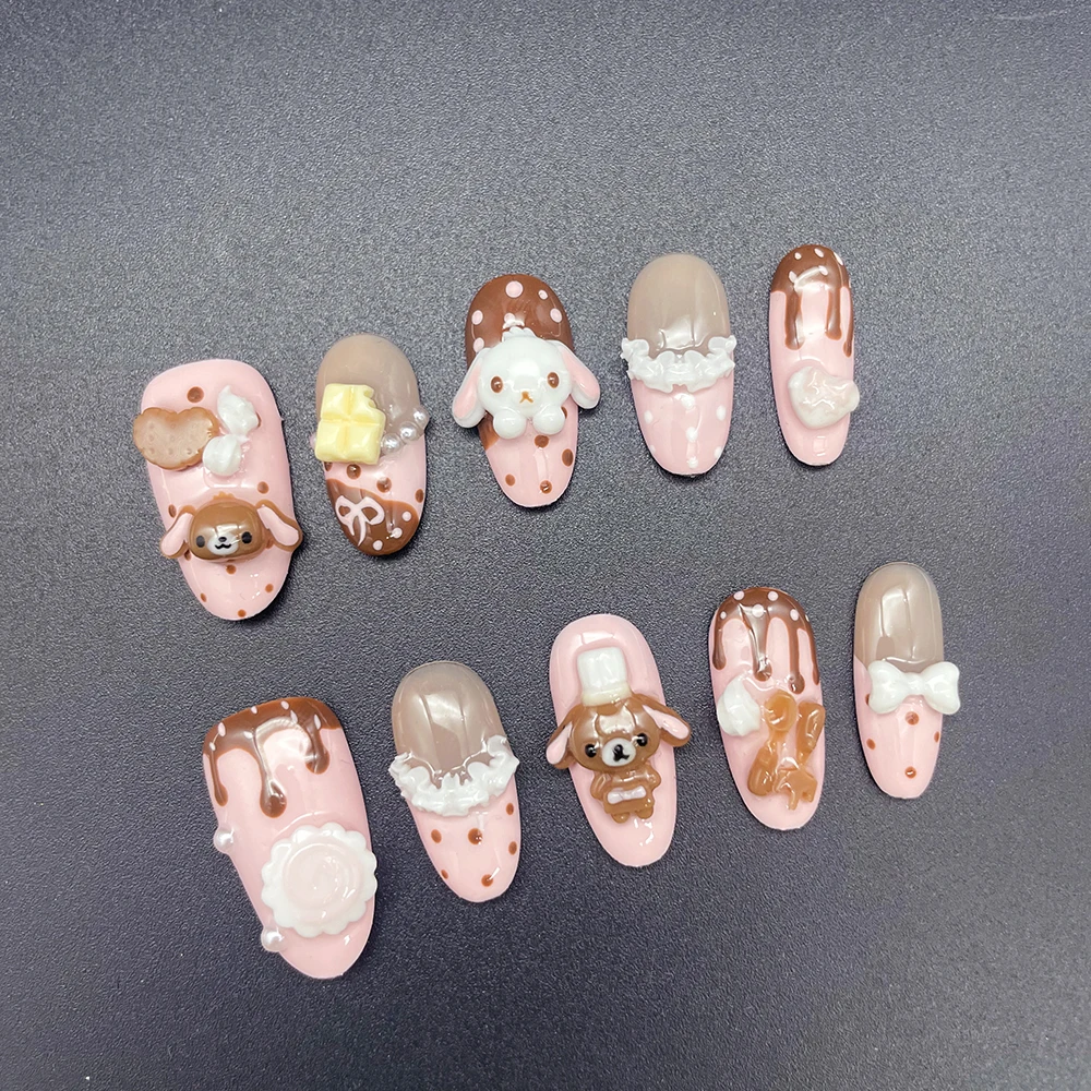 Kawaii Kaninchen-Bär Schokoladencreme Design Press-On Nägel Kurze Runde Form Niedliche Rosa Süße Keks 3D Puppen Cartoon Künstliche Nägel – Detail 12