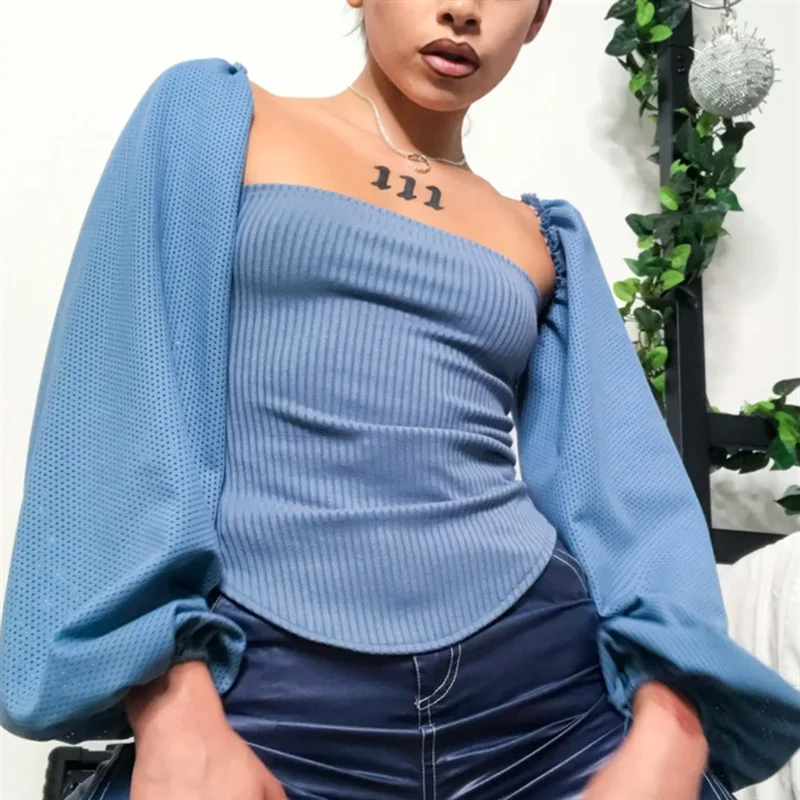 

Autumn women's one-shoulder tube top halter hollow 2021 stitching loose chiffon lantern sleeves two-piece suit Slim T-shirt top