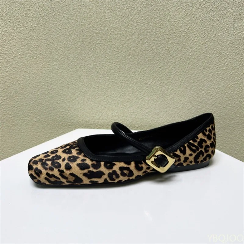 Spring and Autumn Fashion New Square Head Buckle Flat Bottom Women's Shoes Leopard Pattern Shallow Mouth Women's Single Shoes