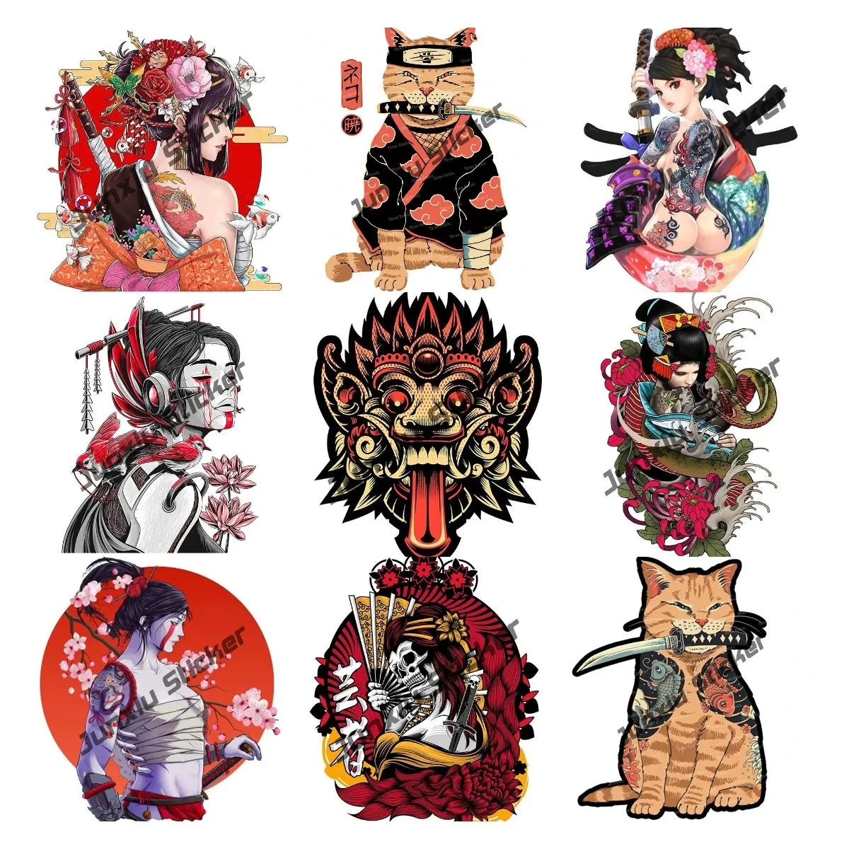 

Japanese Samurai Decals Cute Samurai Cat Car Sticker Demon Death Badge Sticker for Car Truck Moped Helmet Car Laptop Anime Decal