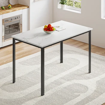 Dining Table, Modern Rectangular Kitchen Table with Marble Effect Top and Metal Legs, 120x70cm Wooden 4-6 Seater Dinner Funiture